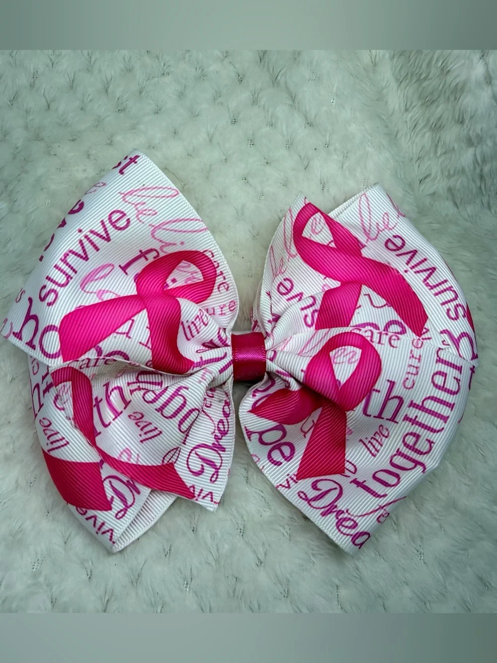 Large Pink Ribbon Pattern Hair Bow - Breast Cancer Support